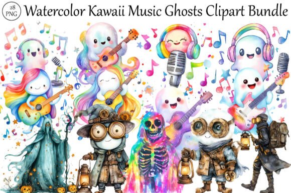 Download Watercolor Kawaii Music Ghosts - Premium Resources