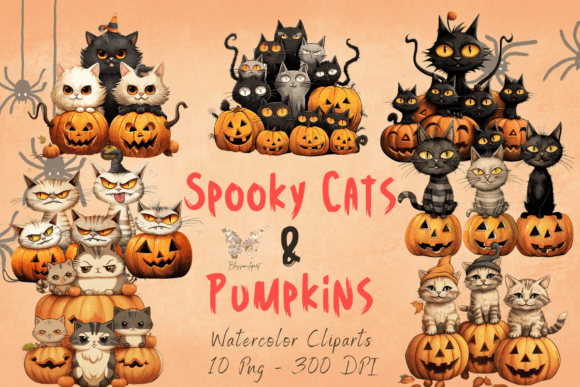 Download Spooky Cats and Pumpkins Watercolor - Spooky cats Collection